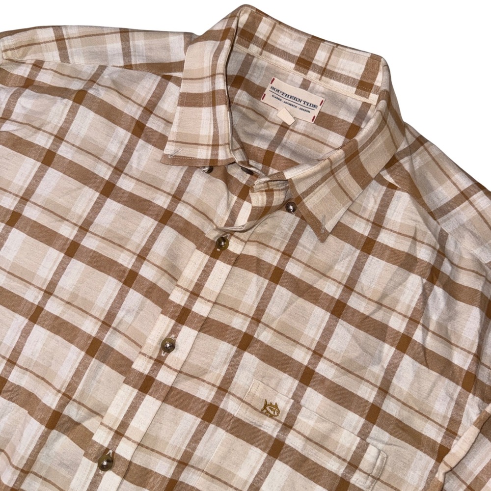 Southern Tide XL‎ Plaid tan Shirt Long Sleeve Button Down Coastal Classic